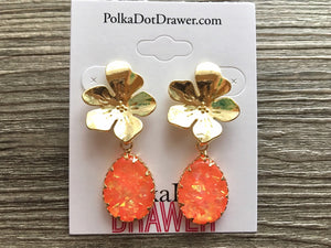 Gold Flower & Neon Coral earrings, tortoise jewelry, gold geometric earrings pierced dangle drop Statement gold metal brass