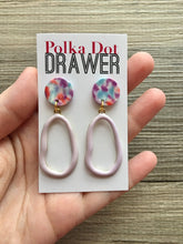 Load image into Gallery viewer, Lavender Tie Dye earrings, brass jewelry, gold geometric earrings pierced dangle drop Statement gold metal brass