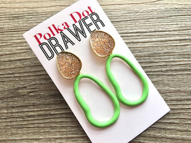Blush Pink Glitter & Green Hammered earrings, oval earrings, tortoise jewelry, gold geometric earrings pierced dangle drop Statement gold