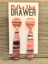Load image into Gallery viewer, Pink Striped Shell Teardrop earrings, round circle earrings, tortoise jewelry, smoke gray earrings, tortoise blush acetate earring glitter