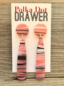 Pink Striped Shell Teardrop earrings, round circle earrings, tortoise jewelry, smoke gray earrings, tortoise blush acetate earring glitter