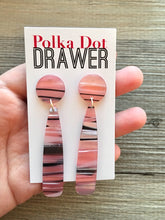 Load image into Gallery viewer, Pink Striped Shell Teardrop earrings, round circle earrings, tortoise jewelry, smoke gray earrings, tortoise blush acetate earring glitter