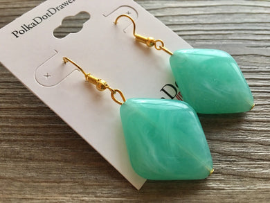 Mint Green Diamond Drop earrings, gold or silver geometric earrings pierced dangle drop Statement, bridesmaid earrings wedding gift