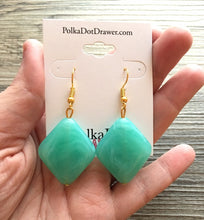 Load image into Gallery viewer, Mint Green Diamond Drop earrings, gold or silver geometric earrings pierced dangle drop Statement, bridesmaid earrings wedding gift