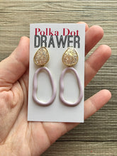 Load image into Gallery viewer, Lavender Glitter earrings, brass jewelry, gold geometric earrings pierced dangle drop Statement gold metal brass, purple jewelry