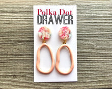 Load image into Gallery viewer, Peach Tie Dye earrings, brass jewelry, gold geometric earrings pierced dangle drop Statement gold metal brass pink red blue