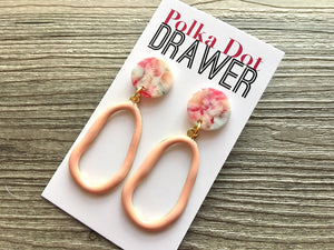 Peach Tie Dye earrings, brass jewelry, gold geometric earrings pierced dangle drop Statement gold metal brass pink red blue