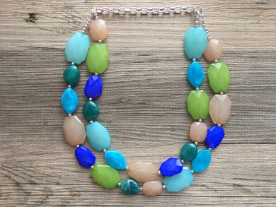 Beachy Blue Statement Necklace, chunky bib beaded jewelry, neutral jewelry, champagne blue green necklace, beaded acrylic jewelry