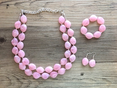 Blush Pink Chunky Statement jewelry set, Big bib beaded Double Strand Statement Necklace earrings, light pink bridesmaid wedding Magnolia