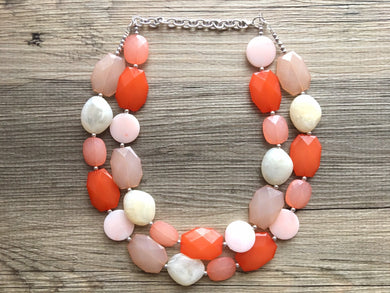 Peachy Beachy Statement Necklace, chunky bib beaded jewelry, neutral jewelry, cream blush orange necklace, beaded acrylic jewelry