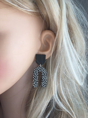 Black & White Polka Dot Statement earrings, horseshoe earrings, mosaic 3D printed laser cut acetate geometric drop dangle