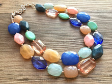 Load image into Gallery viewer, Peachy Ocean Breeze Statement Necklace, chunky bib beaded jewelry, neutral jewelry, blue turquoise necklace, beaded acrylic jewelry