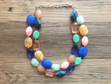Peachy Ocean Breeze Statement Necklace, chunky bib beaded jewelry, neutral jewelry, blue turquoise necklace, beaded acrylic jewelry
