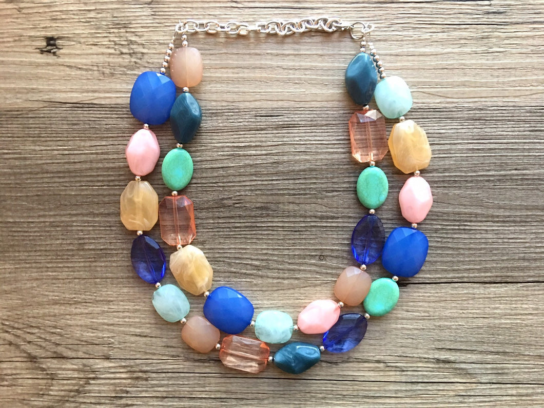 Peachy Ocean Breeze Statement Necklace, chunky bib beaded jewelry, neutral jewelry, blue turquoise necklace, beaded acrylic jewelry