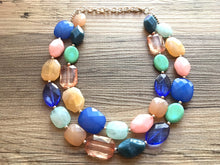 Load image into Gallery viewer, Peachy Ocean Breeze Statement Necklace, chunky bib beaded jewelry, neutral jewelry, blue turquoise necklace, beaded acrylic jewelry