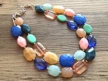 Load image into Gallery viewer, Peachy Ocean Breeze Statement Necklace, chunky bib beaded jewelry, neutral jewelry, blue turquoise necklace, beaded acrylic jewelry