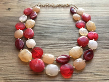 Load image into Gallery viewer, Paris Cafe Statement Necklace, chunky bib beaded jewelry, neutral jewelry, red tan champagne necklace, beaded acrylic jewelry