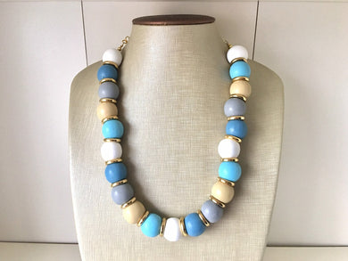 Shades of Blue Statement Necklace, single strand white wood jewelry, chunky statement necklace, blue necklace, geometric necklace