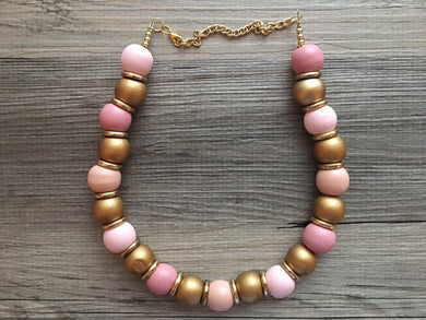 Shades of Pink Statement Necklace, single strand gold wood jewelry, chunky statement necklace, coral necklace, geometric necklace