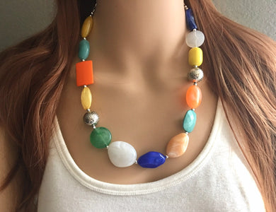 Yellow Orange Blue Silver & White single strand Chunky Statement Necklace single Strand Beaded jewelry bridesmaid bib wedding