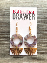 Load image into Gallery viewer, Gold Sunburst + Brown Acrylic statement earrings, Geometric bead Statement acetate colorful jewelry leopard drop hook earrings