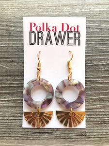 Gold Sunburst + Brown Acrylic statement earrings, Geometric bead Statement acetate colorful jewelry leopard drop hook earrings