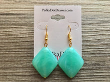 Load image into Gallery viewer, Mint Green Diamond Drop earrings, gold or silver geometric earrings pierced dangle drop Statement, bridesmaid earrings wedding gift