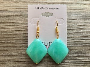 Mint Green Diamond Drop earrings, gold or silver geometric earrings pierced dangle drop Statement, bridesmaid earrings wedding gift