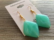 Load image into Gallery viewer, Mint Green Diamond Drop earrings, gold or silver geometric earrings pierced dangle drop Statement, bridesmaid earrings wedding gift