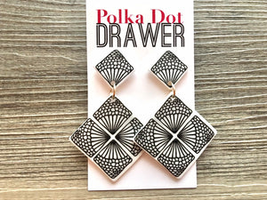 Black & White 3D statement earrings, Geometric bead Statement acetate colorful jewelry stencil drop hook earrings diamond