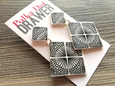 Black & White 3D statement earrings, Geometric bead Statement acetate colorful jewelry stencil drop hook earrings diamond