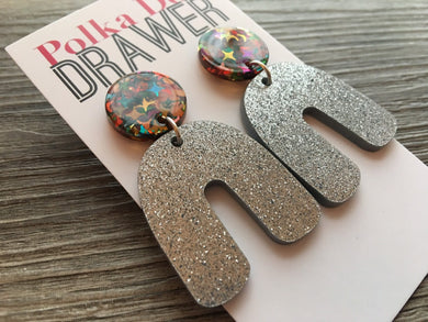 Silver Glitter + Rainbow Statement Earrings, Gold drop Earrings, shiny jewelry earrings metal geometric sparkle pride confetti