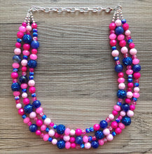 Load image into Gallery viewer, Gender Reveal Party Necklace, Pink and Blue Triple Layer statement necklace, chunky bib necklace, party gift jewelry, baby shower necklace