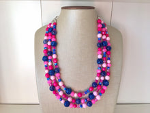 Load image into Gallery viewer, Gender Reveal Party Necklace, Pink and Blue Triple Layer statement necklace, chunky bib necklace, party gift jewelry, baby shower necklace