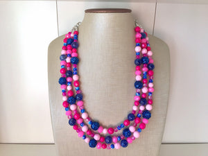 Gender Reveal Party Necklace, Pink and Blue Triple Layer statement necklace, chunky bib necklace, party gift jewelry, baby shower necklace