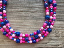Load image into Gallery viewer, Gender Reveal Party Necklace, Pink and Blue Triple Layer statement necklace, chunky bib necklace, party gift jewelry, baby shower necklace