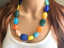 Load image into Gallery viewer, Yellow Orange Blue Silver single strand Chunky Statement Necklace single Strand Beaded jewelry bridesmaid bib Ocean wedding