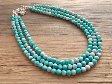Turquoise Blue 3 strand Beaded Statement Necklace, Chunky Bib white and Teal Multi-Strand Jewelry Light blue swirl beads ocean side