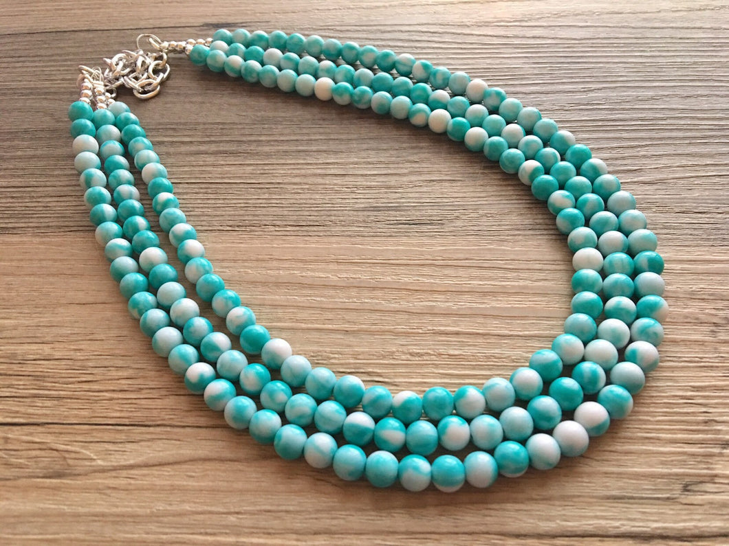 Turquoise Blue 3 strand Beaded Statement Necklace, Chunky Bib white and Teal Multi-Strand Jewelry Light blue swirl beads ocean side