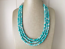 Load image into Gallery viewer, Turquoise Blue 3 strand Beaded Statement Necklace, Chunky Bib white and Teal Multi-Strand Jewelry Light blue swirl beads ocean side