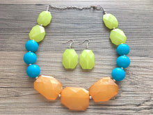 Load image into Gallery viewer, Lime Green, Sea Blue &amp; Clementine Orange Big Bead Necklace, single Strand Statement Jewelry, green blue orange Chunky bib, bridesmaid