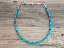 Load image into Gallery viewer, Teal Blue + Black strand Beaded Statement Necklace, Chunky Bib white and Teal Single Strand Jewelry Light blue swirl earrings bracelet