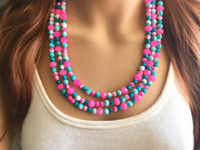 Load image into Gallery viewer, Turquoise Blue &amp; Neon Pink 3 strand Beaded Statement Necklace, Chunky Bib white and Teal Multi-Strand Jewelry tie dye, pink jewelry