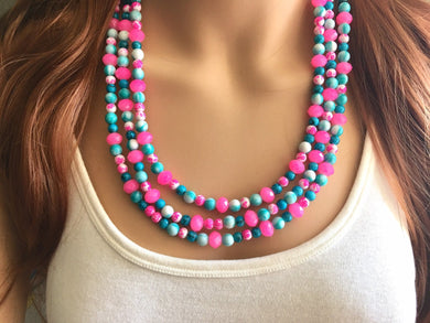 Turquoise Blue & Neon Pink 3 strand Beaded Statement Necklace, Chunky Bib white and Teal Multi-Strand Jewelry tie dye, pink jewelry