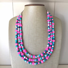 Load image into Gallery viewer, Turquoise Blue &amp; Neon Pink 3 strand Beaded Statement Necklace, Chunky Bib white and Teal Multi-Strand Jewelry tie dye, pink jewelry