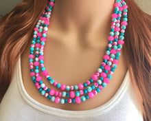 Load image into Gallery viewer, Turquoise Blue &amp; Neon Pink 3 strand Beaded Statement Necklace, Chunky Bib white and Teal Multi-Strand Jewelry tie dye, pink jewelry