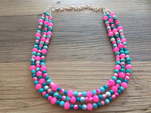 Load image into Gallery viewer, Turquoise Blue &amp; Neon Pink 3 strand Beaded Statement Necklace, Chunky Bib white and Teal Multi-Strand Jewelry tie dye, pink jewelry