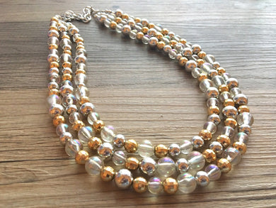Metallic mirrorball silver gold & Aurora Borealis Jewelry, gold collar silver Jewelry, metal triple strand chunky statement beaded jewels