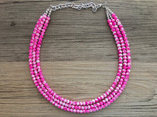 Load image into Gallery viewer, Hot Pink TIE DYE 3 strand Beaded Statement Necklace, Chunky Bib white and Pink Multi-Strand Jewelry Light swirl, neon pink jewelry