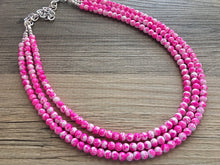 Load image into Gallery viewer, Hot Pink TIE DYE 3 strand Beaded Statement Necklace, Chunky Bib white and Pink Multi-Strand Jewelry Light swirl, neon pink jewelry